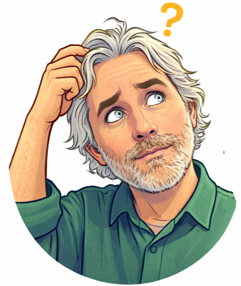Illustrated portrait of Craig Grummitt, scratching his head with a question mark floating above.