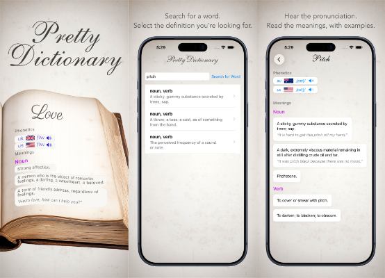 Pretty Dictionary app screens